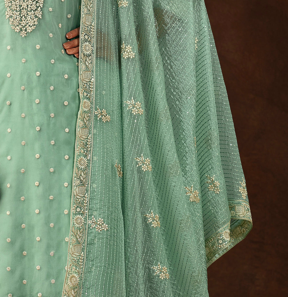 Mint Green Embroidered Wedding Soft Organza Pant Suit-Saira's Boutique