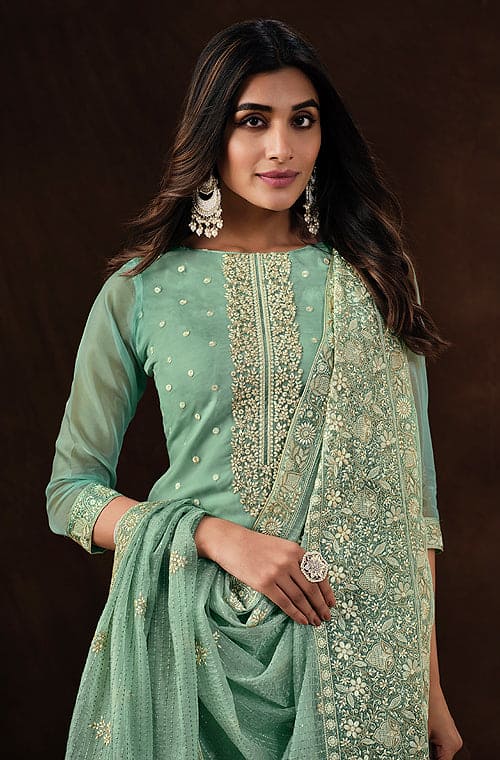 Mint Green Embroidered Wedding Soft Organza Pant Suit-Saira's Boutique