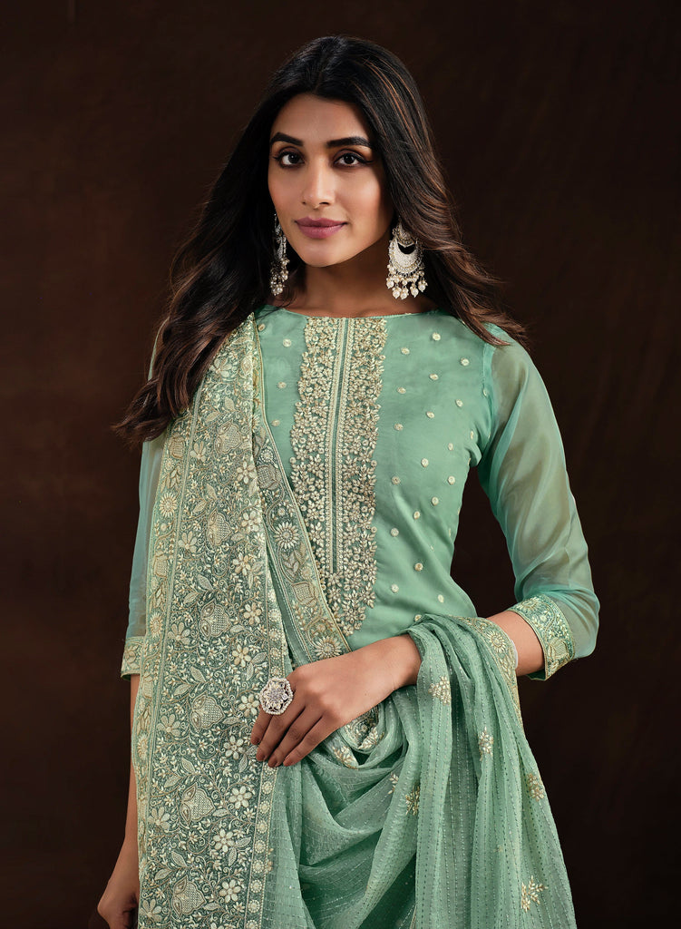 Mint Green Embroidered Wedding Soft Organza Pant Suit-Saira's Boutique