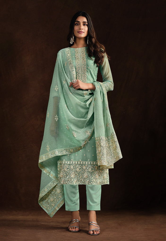 Mint Green Embroidered Wedding Soft Organza Pant Suit-Saira's Boutique