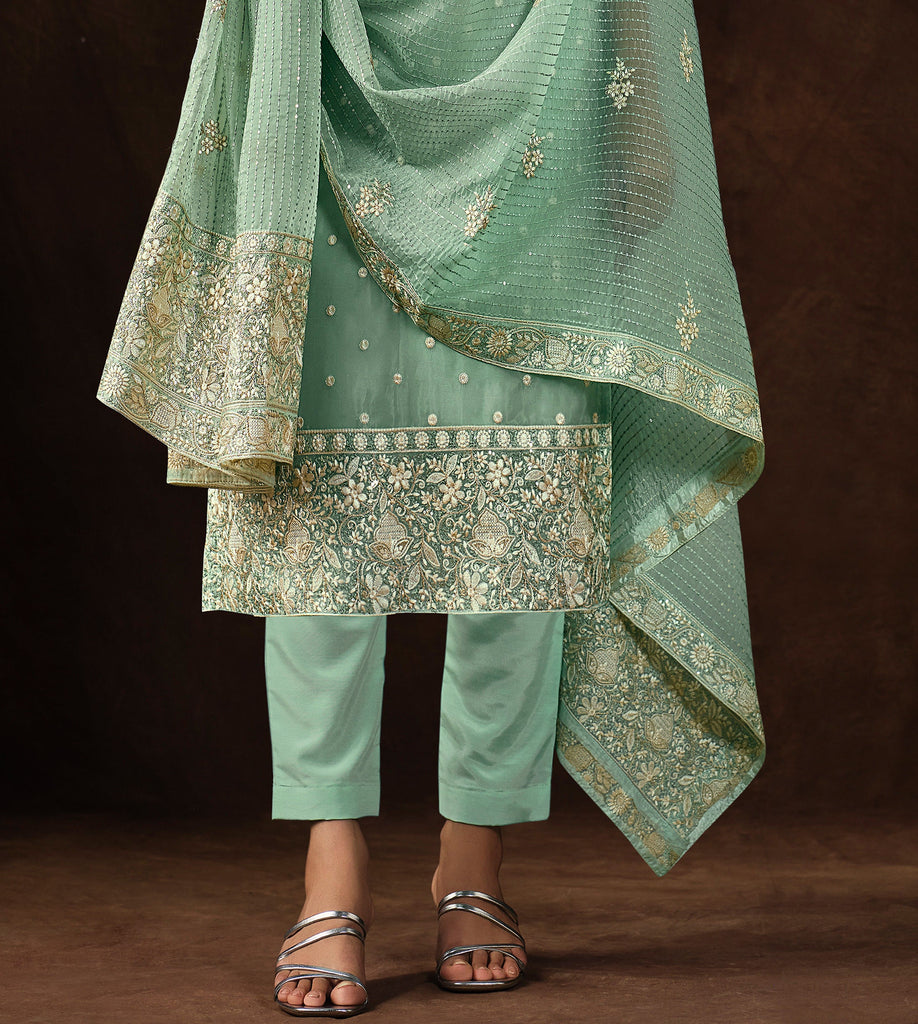 Mint Green Embroidered Wedding Soft Organza Pant Suit-Saira's Boutique