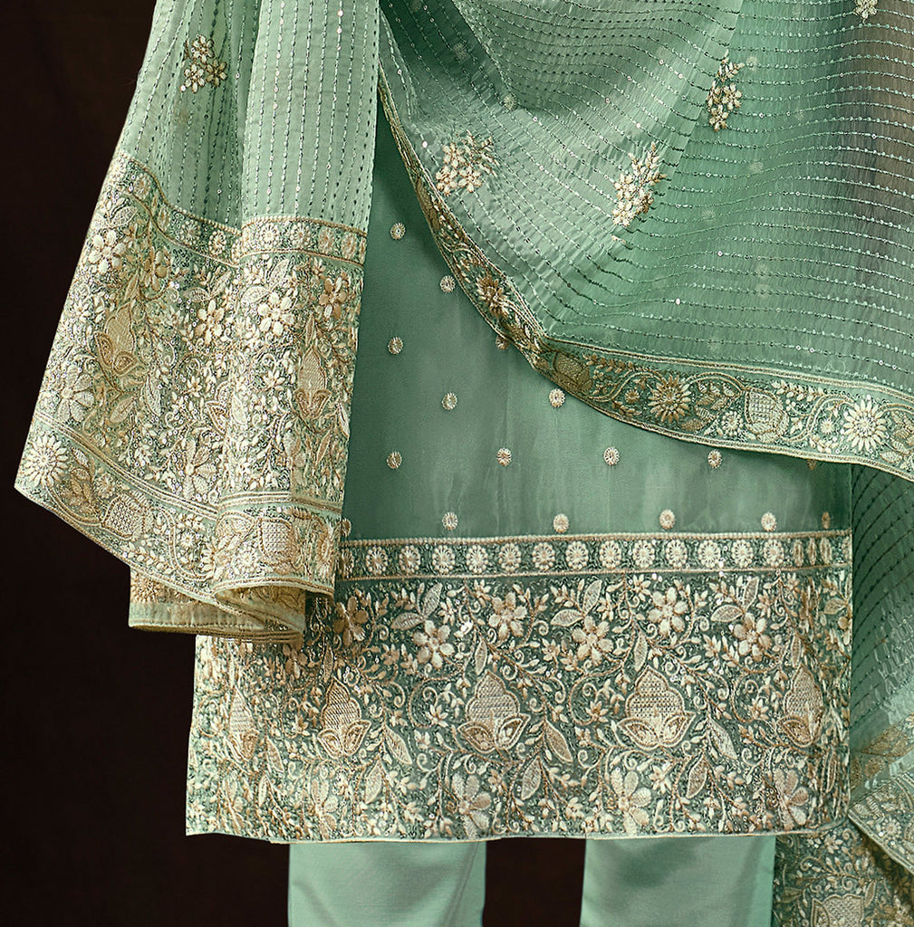 Mint Green Embroidered Wedding Soft Organza Pant Suit-Saira's Boutique