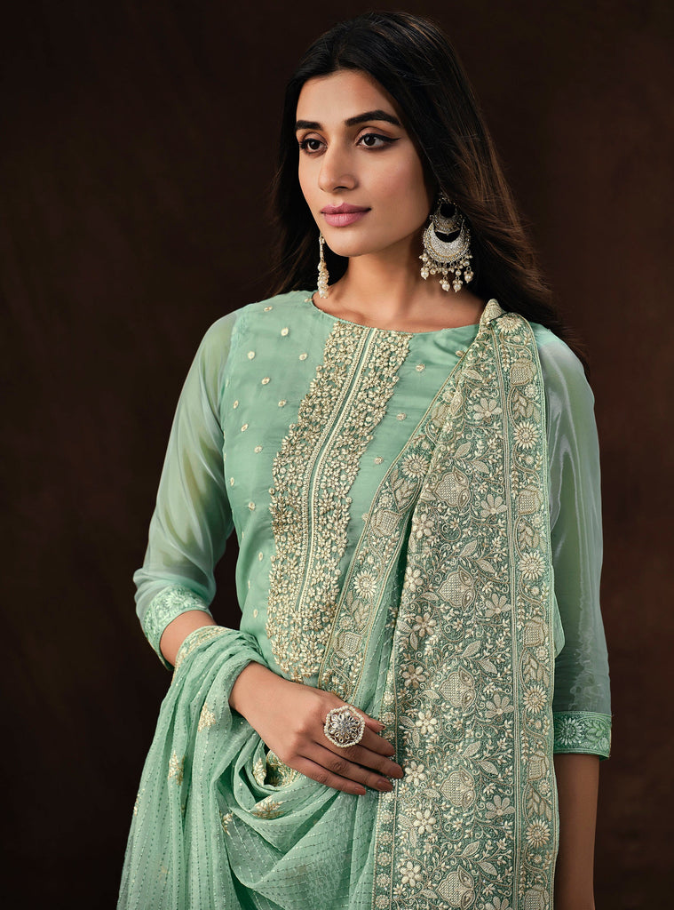 Mint Green Embroidered Wedding Soft Organza Pant Suit-Saira's Boutique