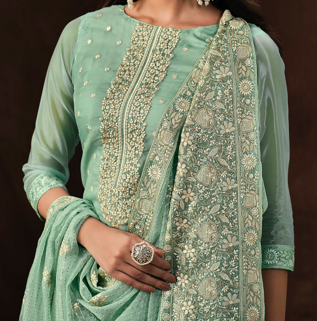 Mint Green Embroidered Wedding Soft Organza Pant Suit-Saira's Boutique