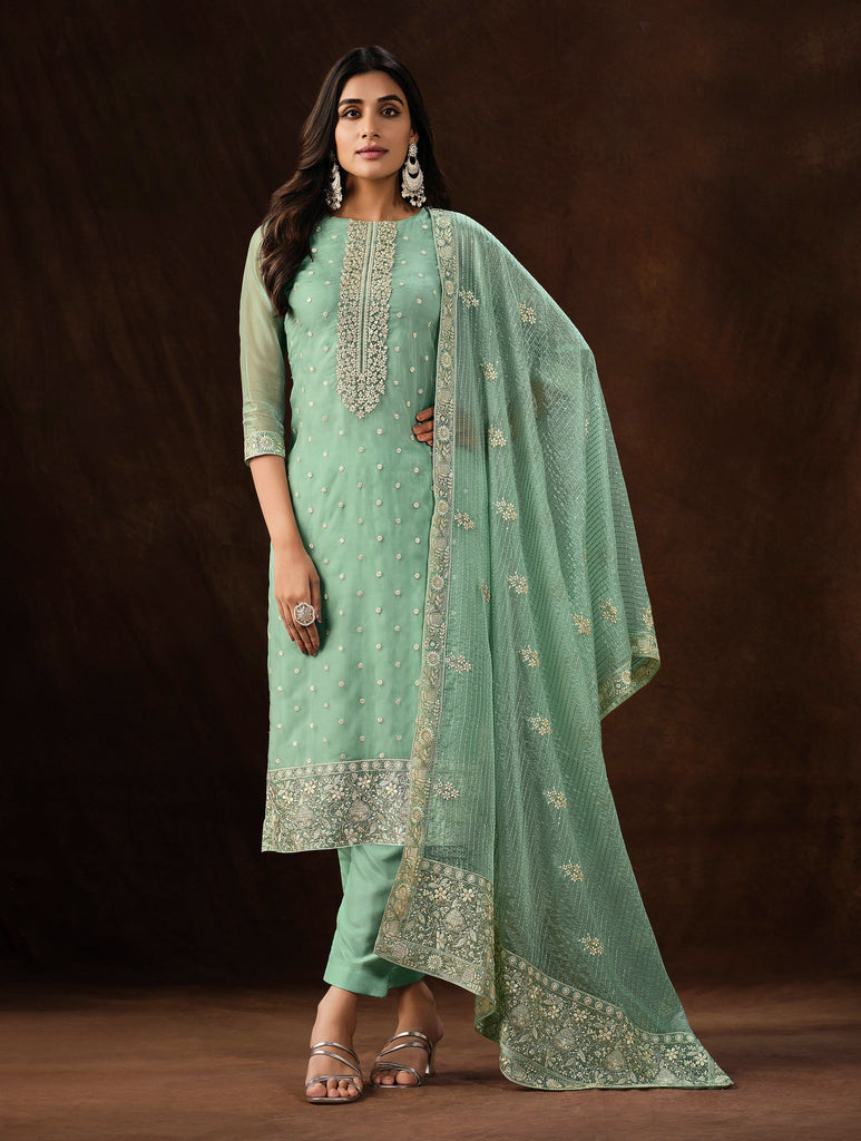 Mint Green Embroidered Wedding Soft Organza Pant Suit-Saira's Boutique