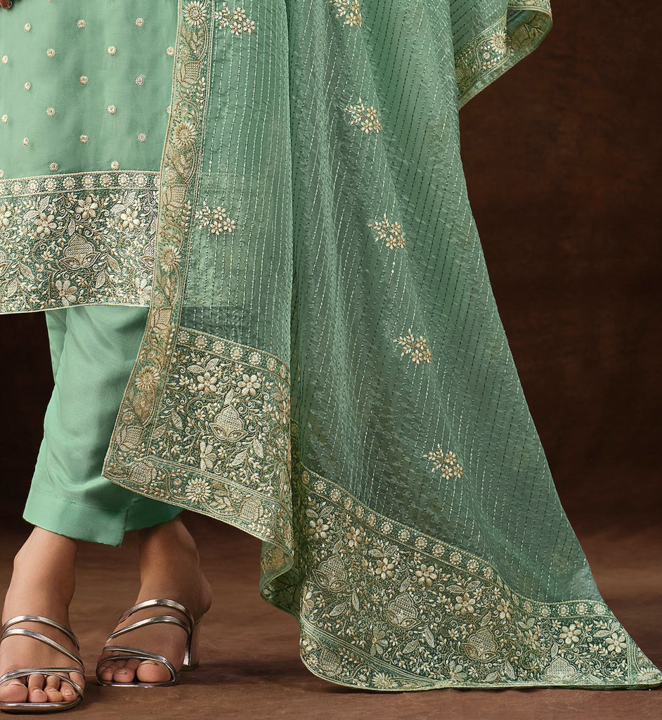 Mint Green Embroidered Wedding Soft Organza Pant Suit-Saira's Boutique