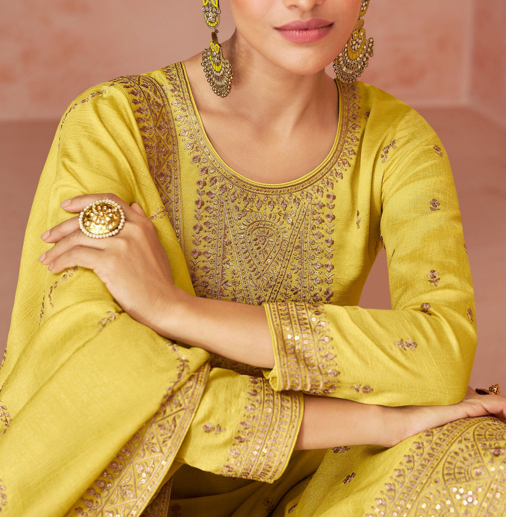 Mustard Yellow Designer Embroidered Silk Party Wear Palazzo Suit-Saira's Boutique