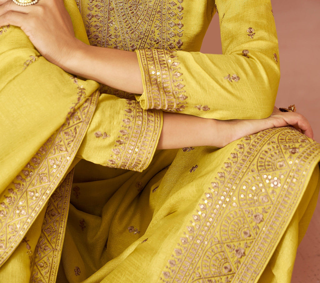 Mustard Yellow Designer Embroidered Silk Party Wear Palazzo Suit-Saira's Boutique