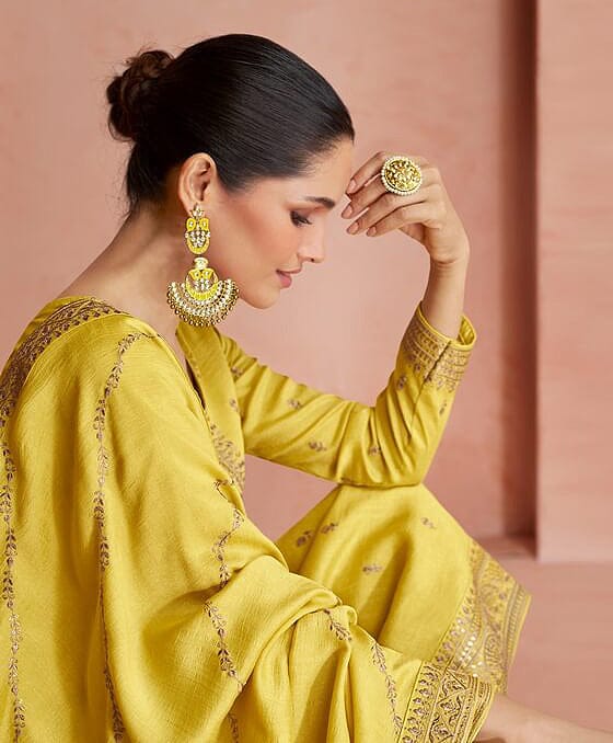 Mustard Yellow Designer Embroidered Silk Party Wear Palazzo Suit-Saira's Boutique