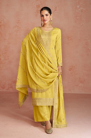 Saffron Yellow Designer Jacquard Silk Party Wear Anarkali Gown