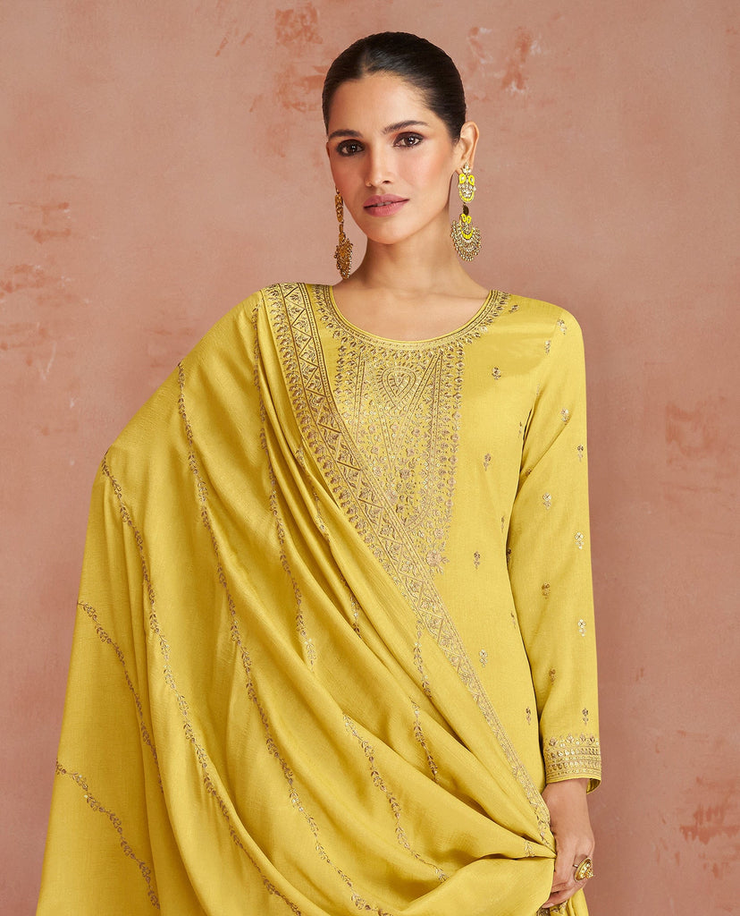 Mustard Yellow Designer Embroidered Silk Party Wear Palazzo Suit-Saira's Boutique