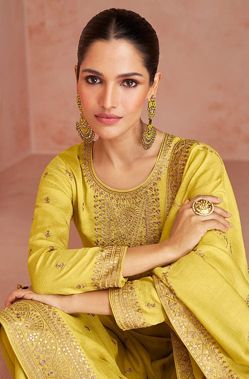 Buy Party Wear Yellow Embroidery Work Chinnon Readymade Salwar Suit Online  From Surat Wholesale Shop.