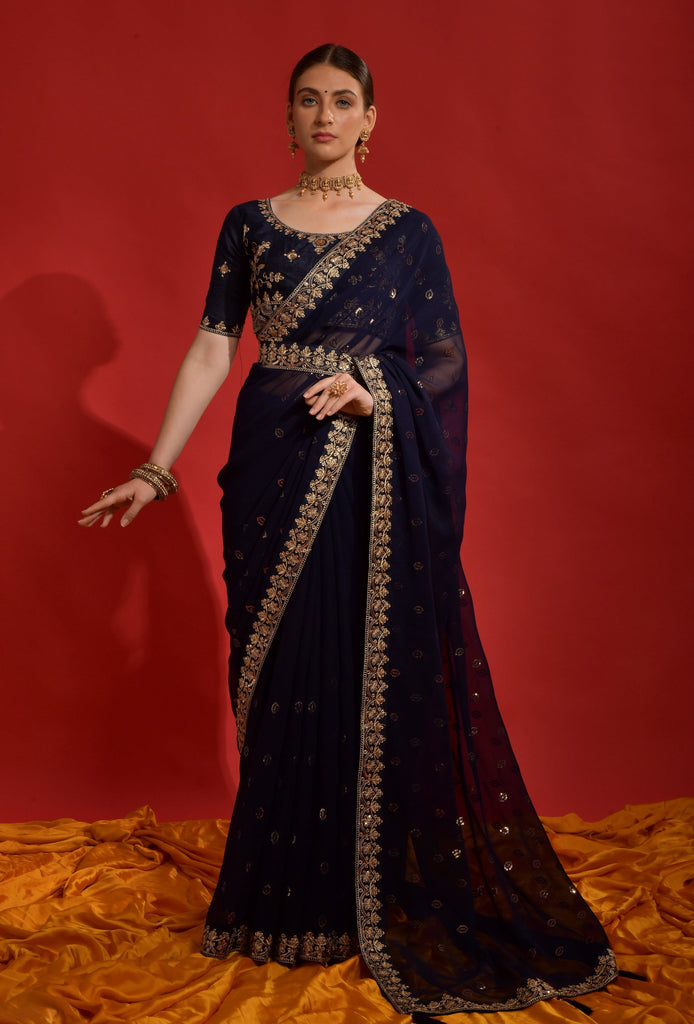 Navy Blue Designer Embroidered Georgette Wedding Saree-Saira's Boutique