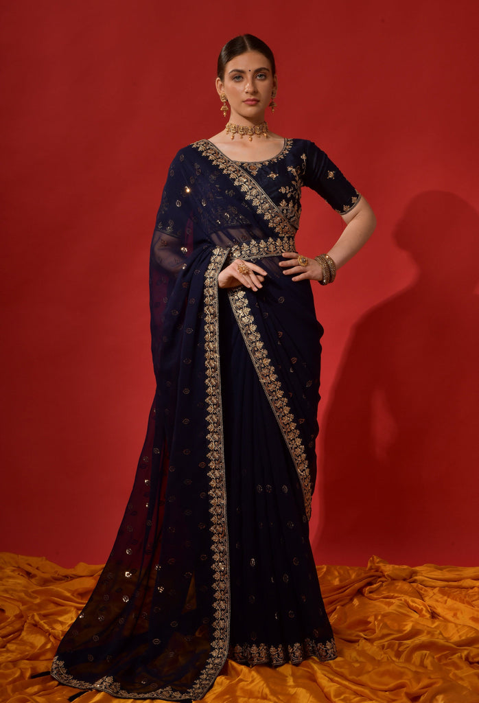 Navy Blue Designer Embroidered Georgette Wedding Saree-Saira's Boutique