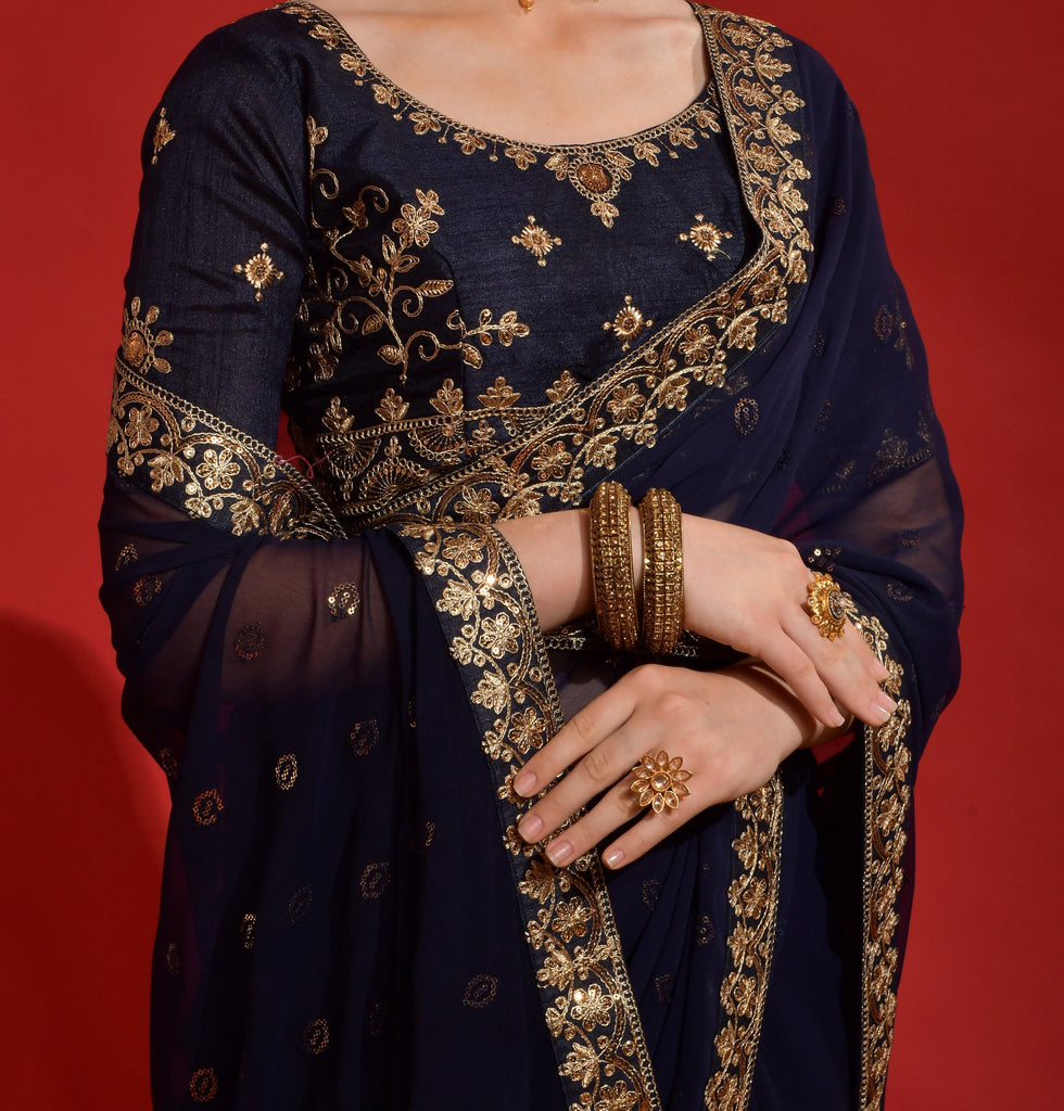 Navy Blue Designer Embroidered Georgette Wedding Saree-Saira's Boutique