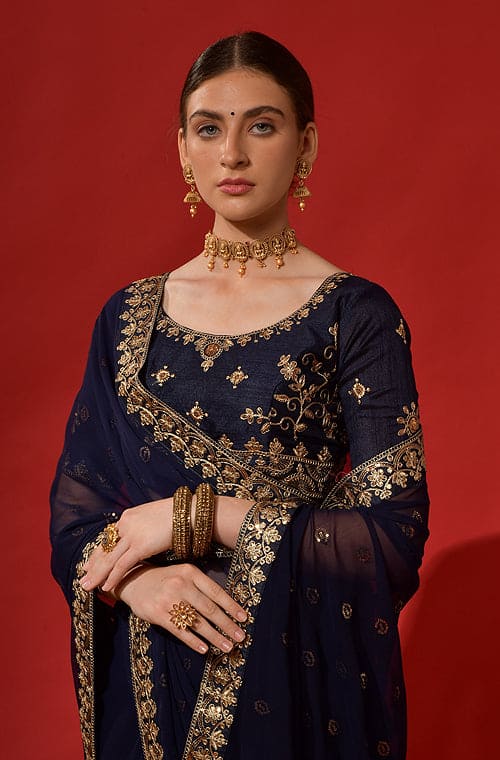 Navy Blue Designer Embroidered Georgette Wedding Saree-Saira's Boutique