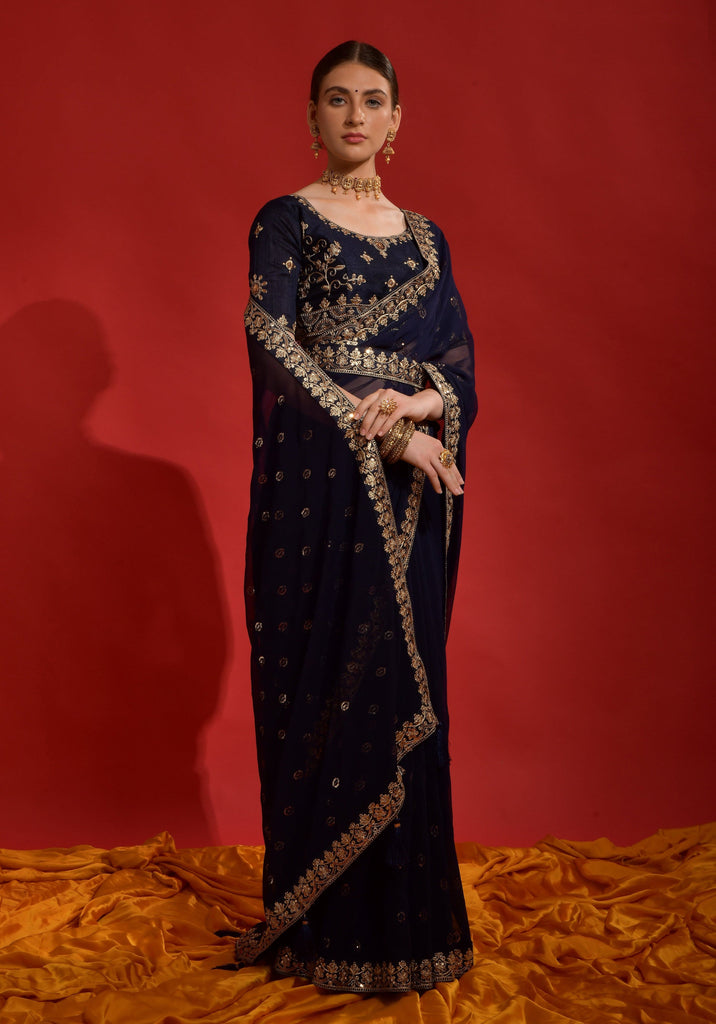 Navy Blue Designer Embroidered Georgette Wedding Saree-Saira's Boutique