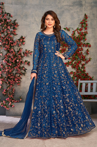 Palm Green Designer Embroidered Floor Length Silk Anarkali Suit