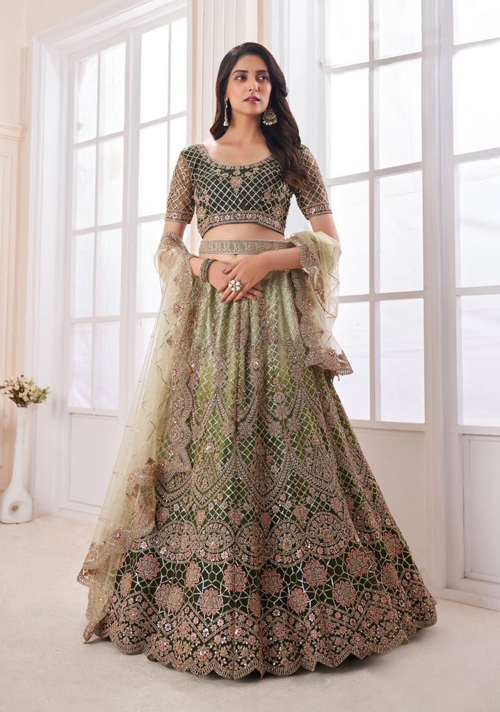 Olive Designer Heavy Embroidered Net Bridal Lehenga-Saira's Boutique