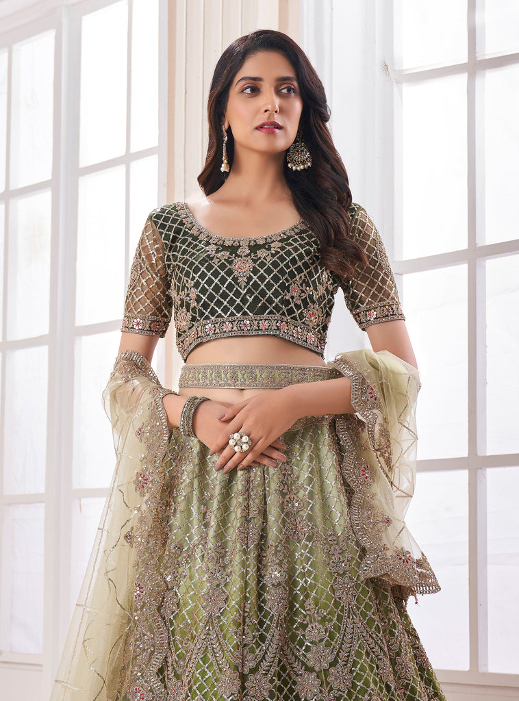 Olive Designer Heavy Embroidered Net Bridal Lehenga-Saira's Boutique