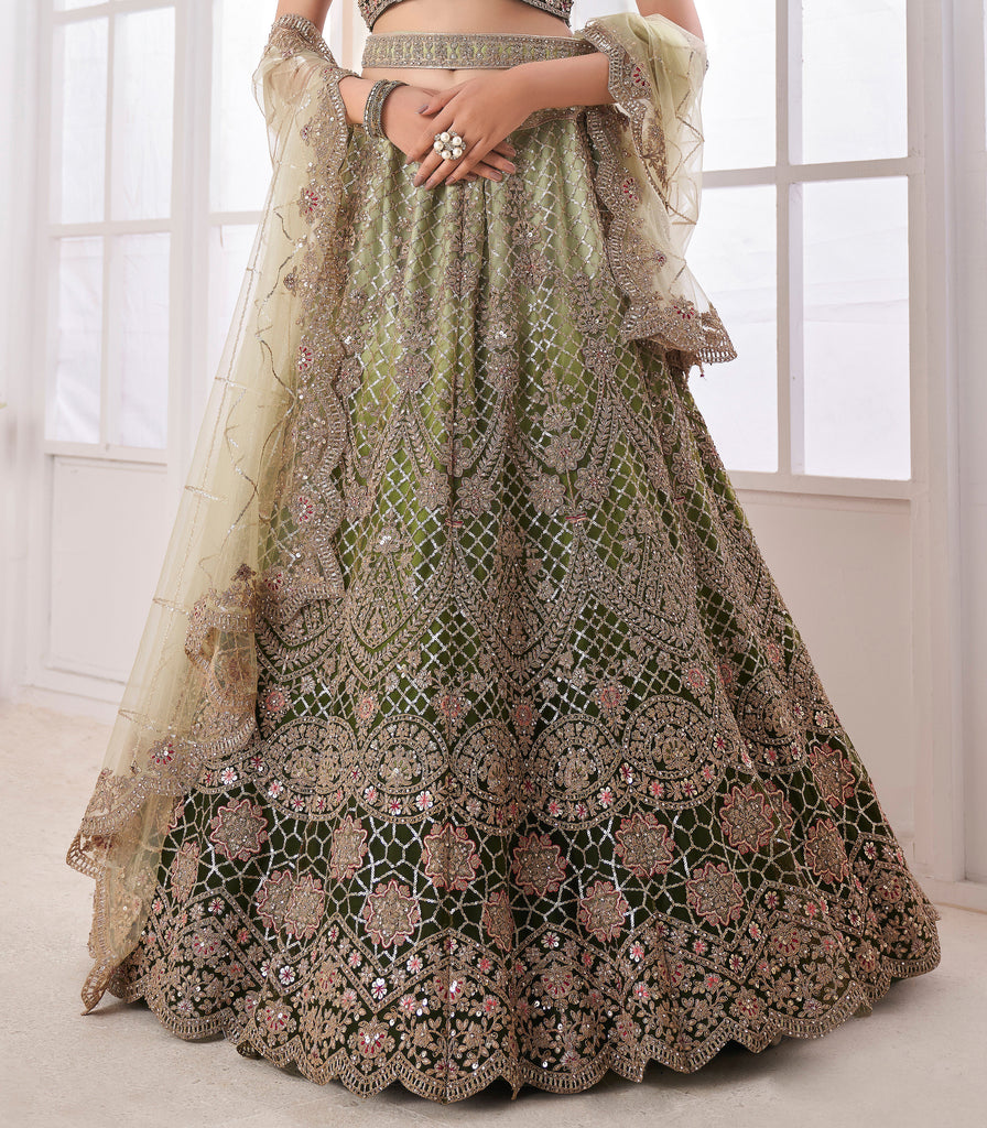Olive Designer Heavy Embroidered Net Bridal Lehenga-Saira's Boutique