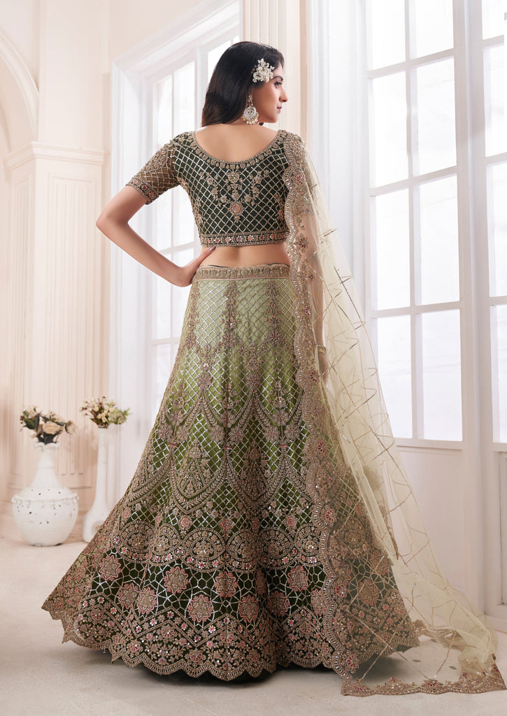 Olive Designer Heavy Embroidered Net Bridal Lehenga-Saira's Boutique