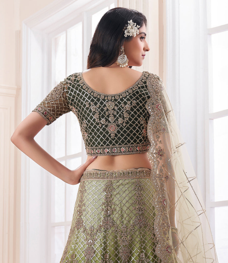 Olive Designer Heavy Embroidered Net Bridal Lehenga-Saira's Boutique