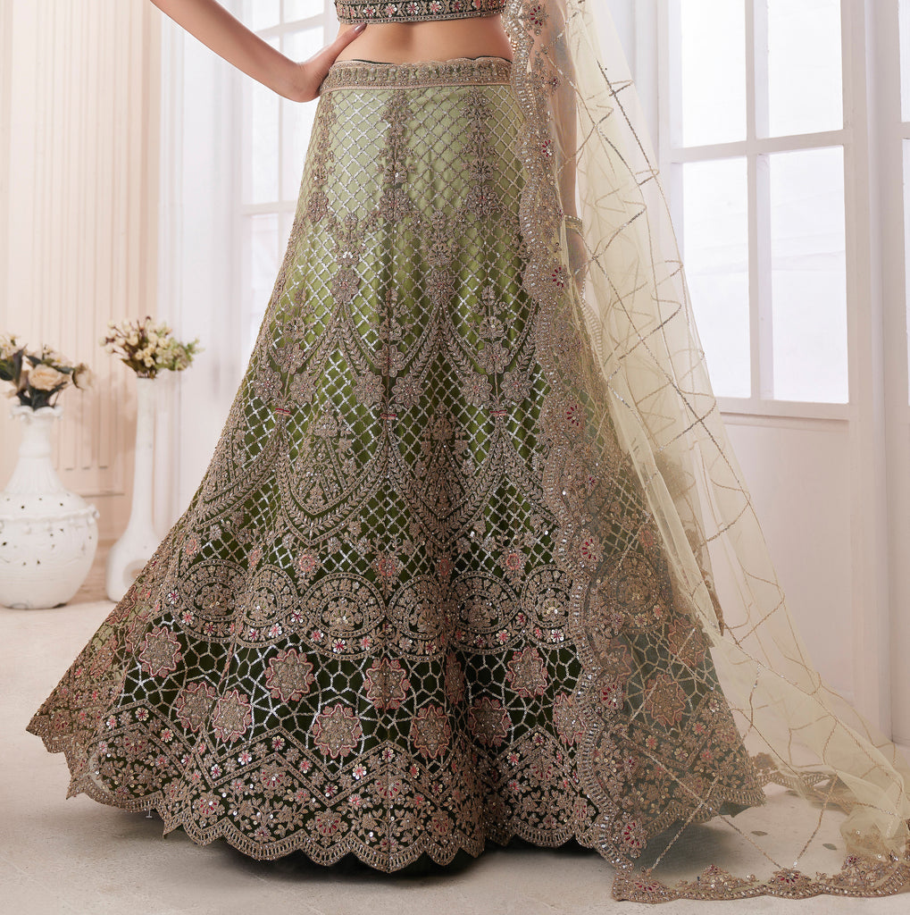 Olive Designer Heavy Embroidered Net Bridal Lehenga-Saira's Boutique