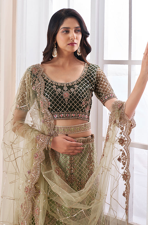 Olive Designer Heavy Embroidered Net Bridal Lehenga-Saira's Boutique