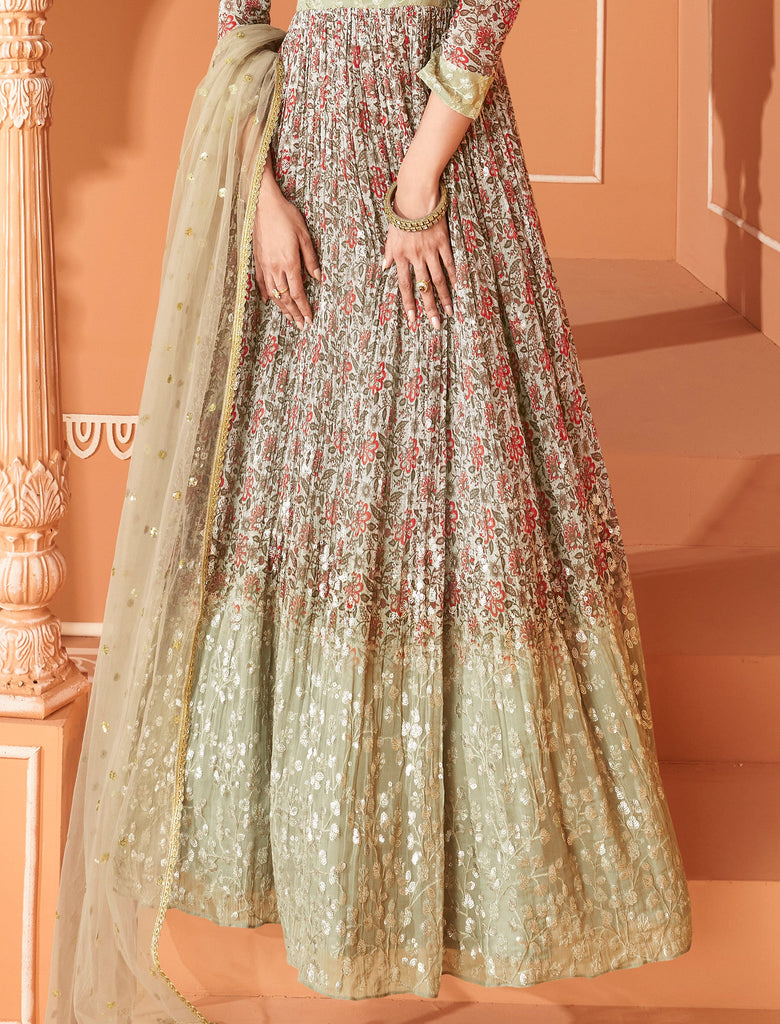 Olive Green Designer Embroidered Georgette Floral Print Anarkali Gown-Saira's Boutique