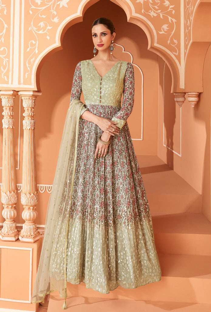 Olive Green Designer Embroidered Georgette Floral Print Anarkali Gown-Saira's Boutique