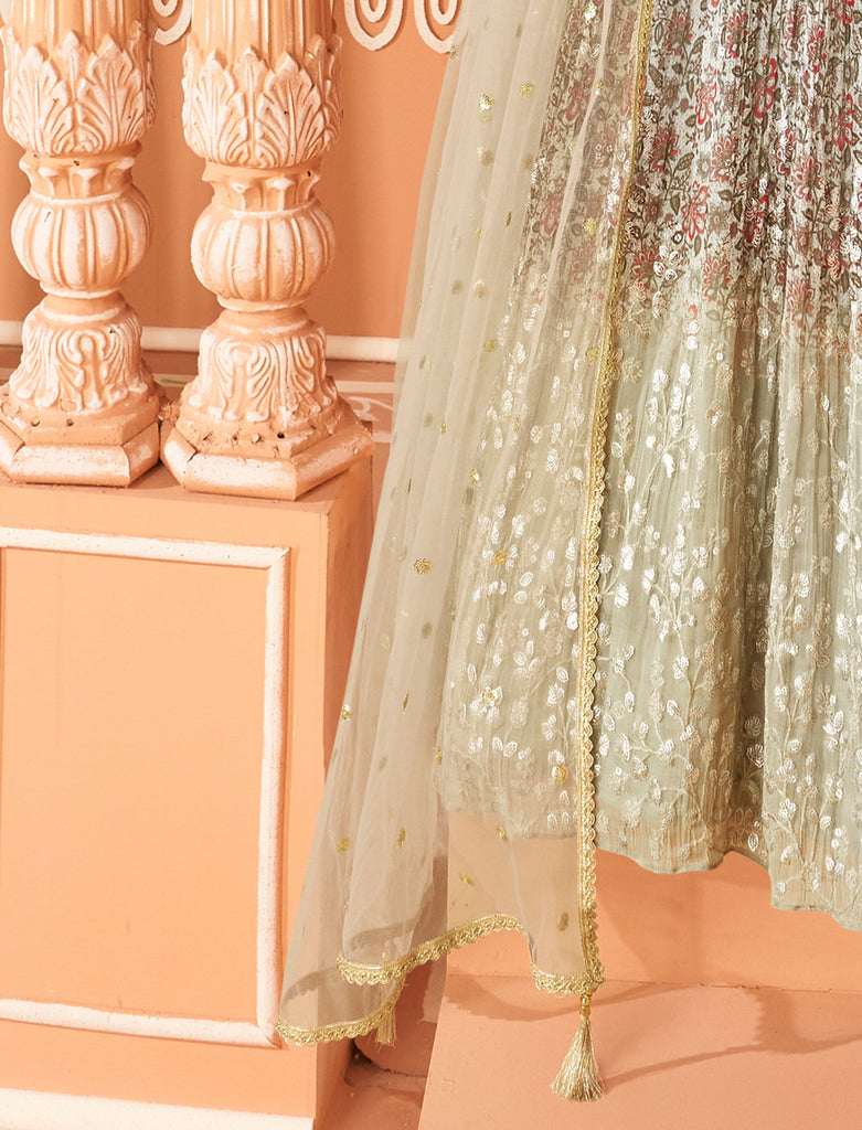 Olive Green Designer Embroidered Georgette Floral Print Anarkali Gown-Saira's Boutique