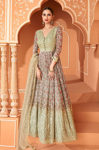 Light Brown Designer Embroidered Satin Bridal Anarkali Gown