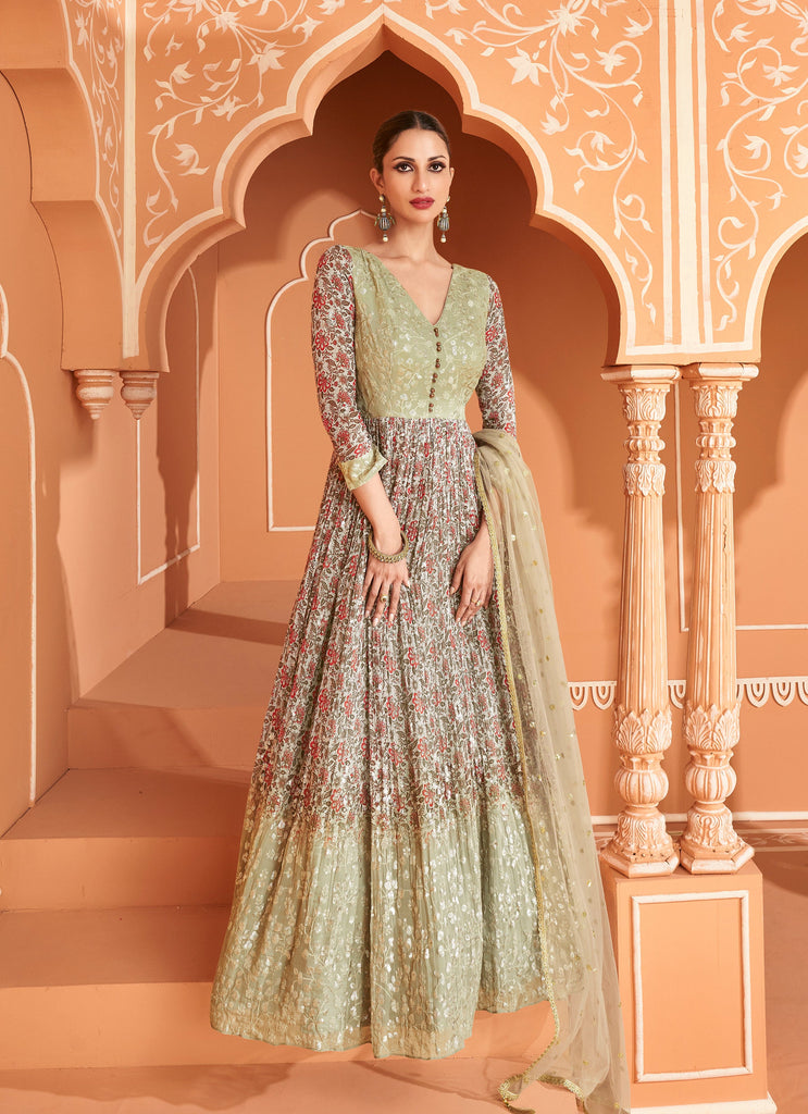 Olive Green Designer Embroidered Georgette Floral Print Anarkali Gown-Saira's Boutique