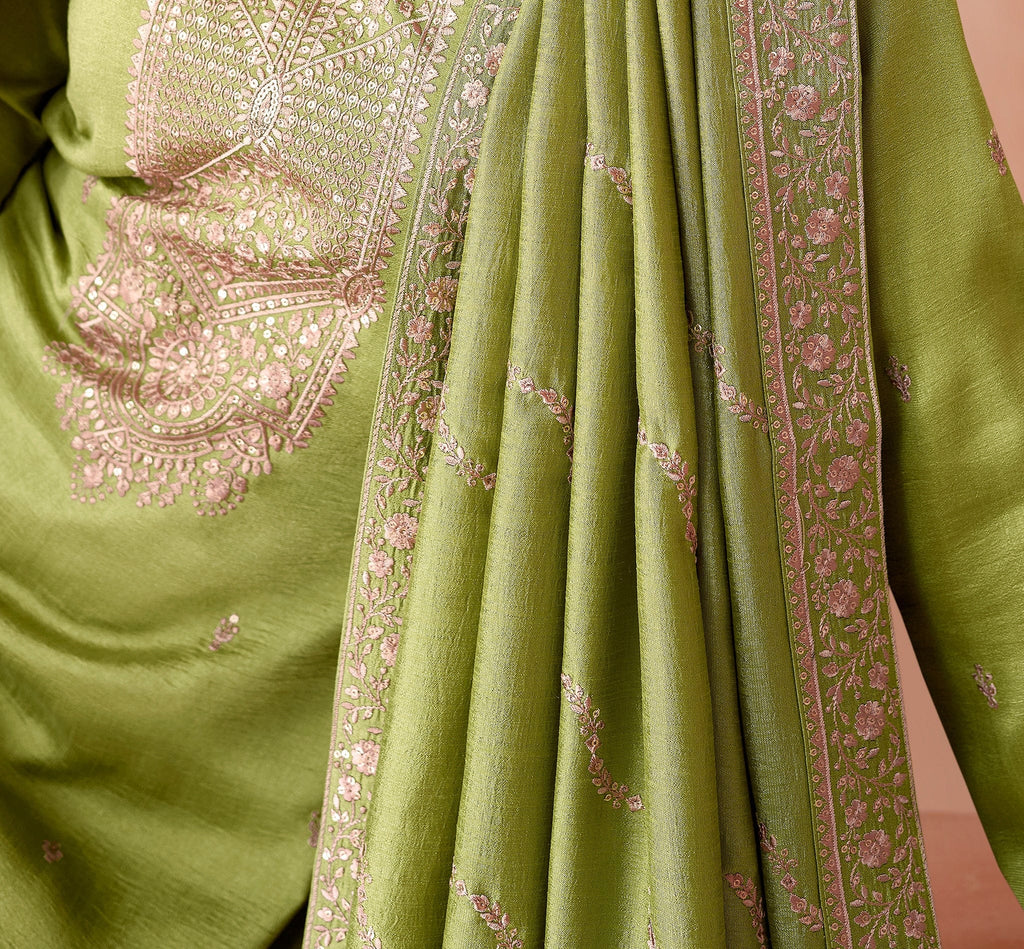 Olive Green Designer Embroidered Silk Party Wear Palazzo Suit-Saira's Boutique