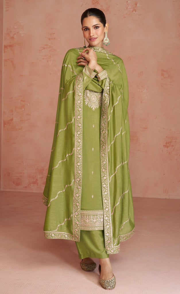 Olive Green Designer Embroidered Silk Party Wear Palazzo Suit-Saira's Boutique