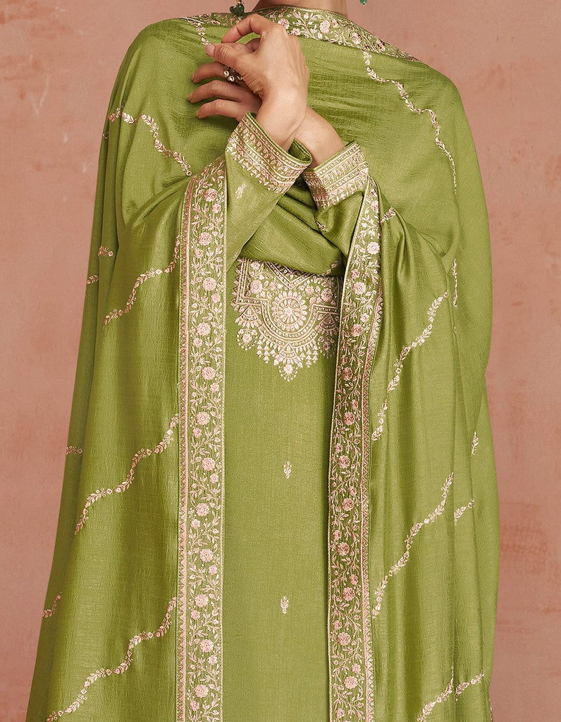 Olive Green Designer Embroidered Silk Party Wear Palazzo Suit-Saira's Boutique