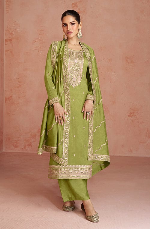 OliveGreenDesignerEmbroideredSilkPartyWearPalazzoSuit Saira sBoutique 2