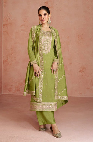 Bright Olive Green Designer Embroidered Jacquard Party Wear Pant Suit