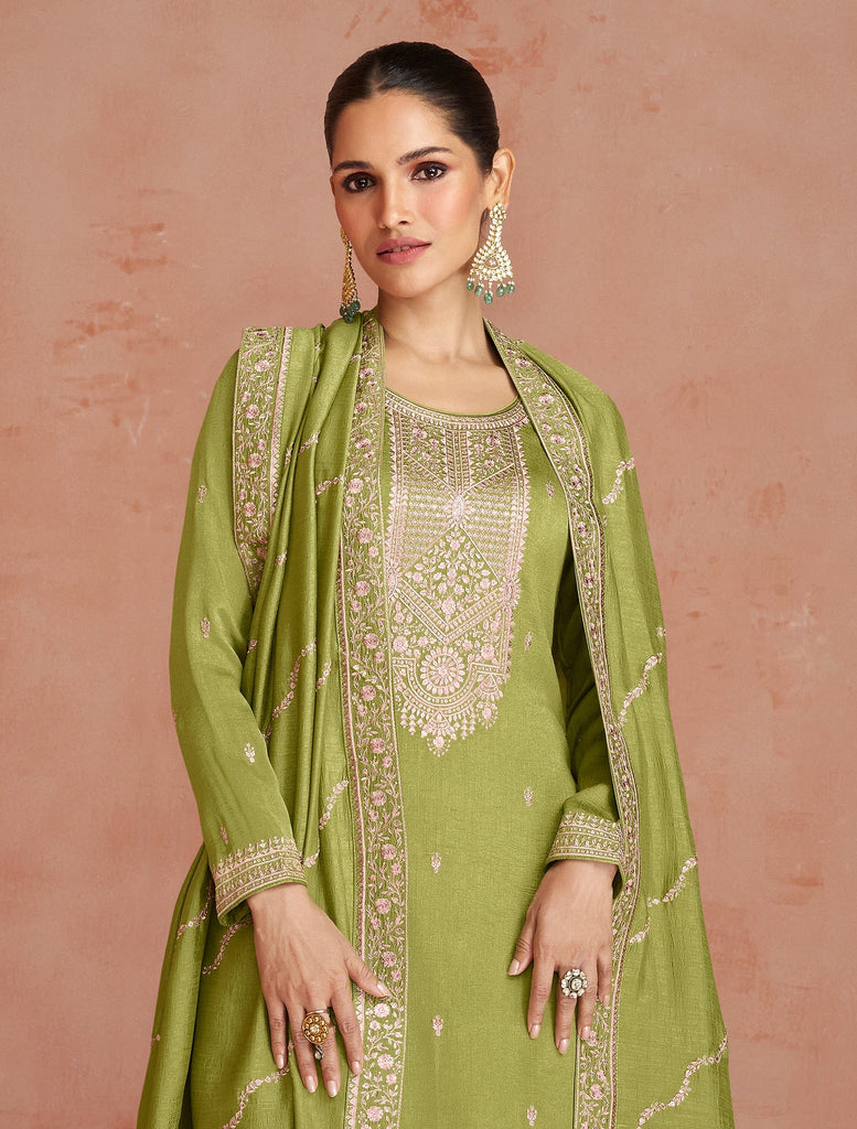 Olive Green Designer Embroidered Silk Party Wear Palazzo Suit-Saira's Boutique