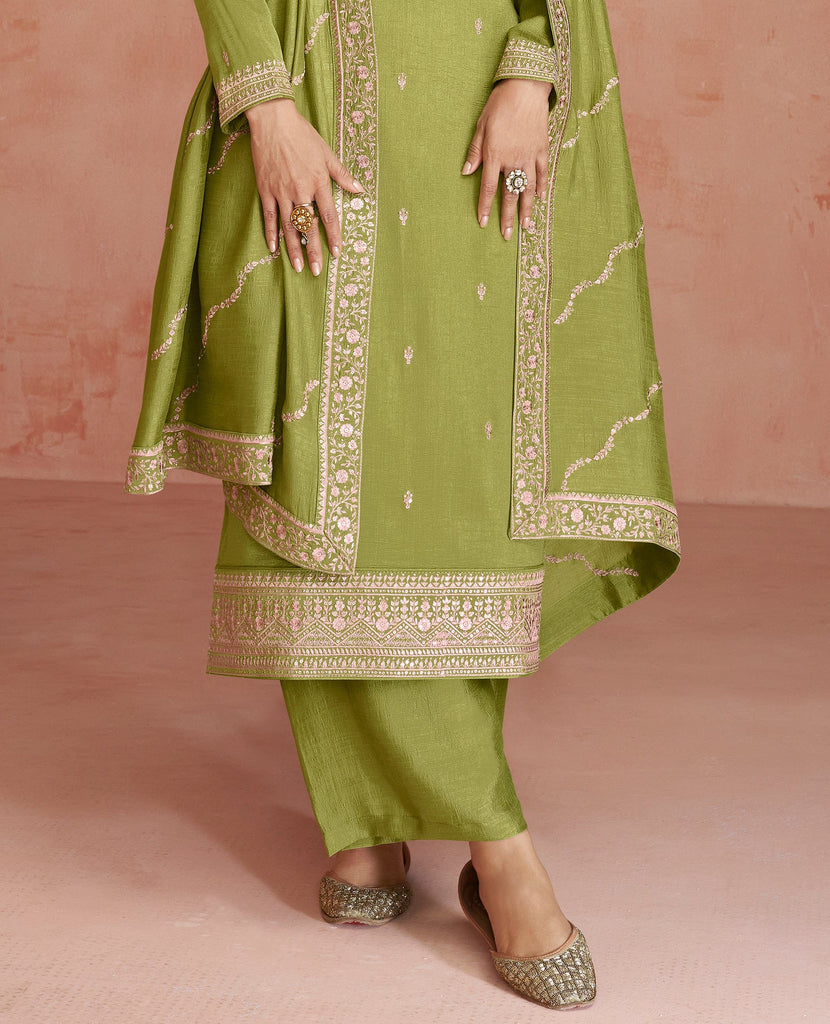 Olive Green Designer Embroidered Silk Party Wear Palazzo Suit-Saira's Boutique