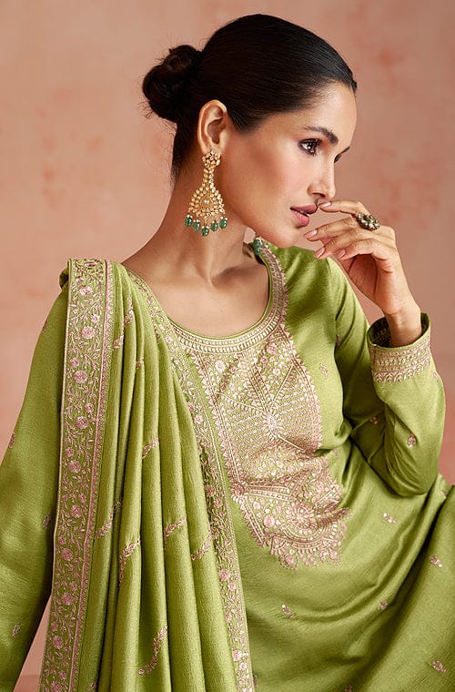 Olive Green Designer Embroidered Silk Party Wear Palazzo Suit-Saira's Boutique