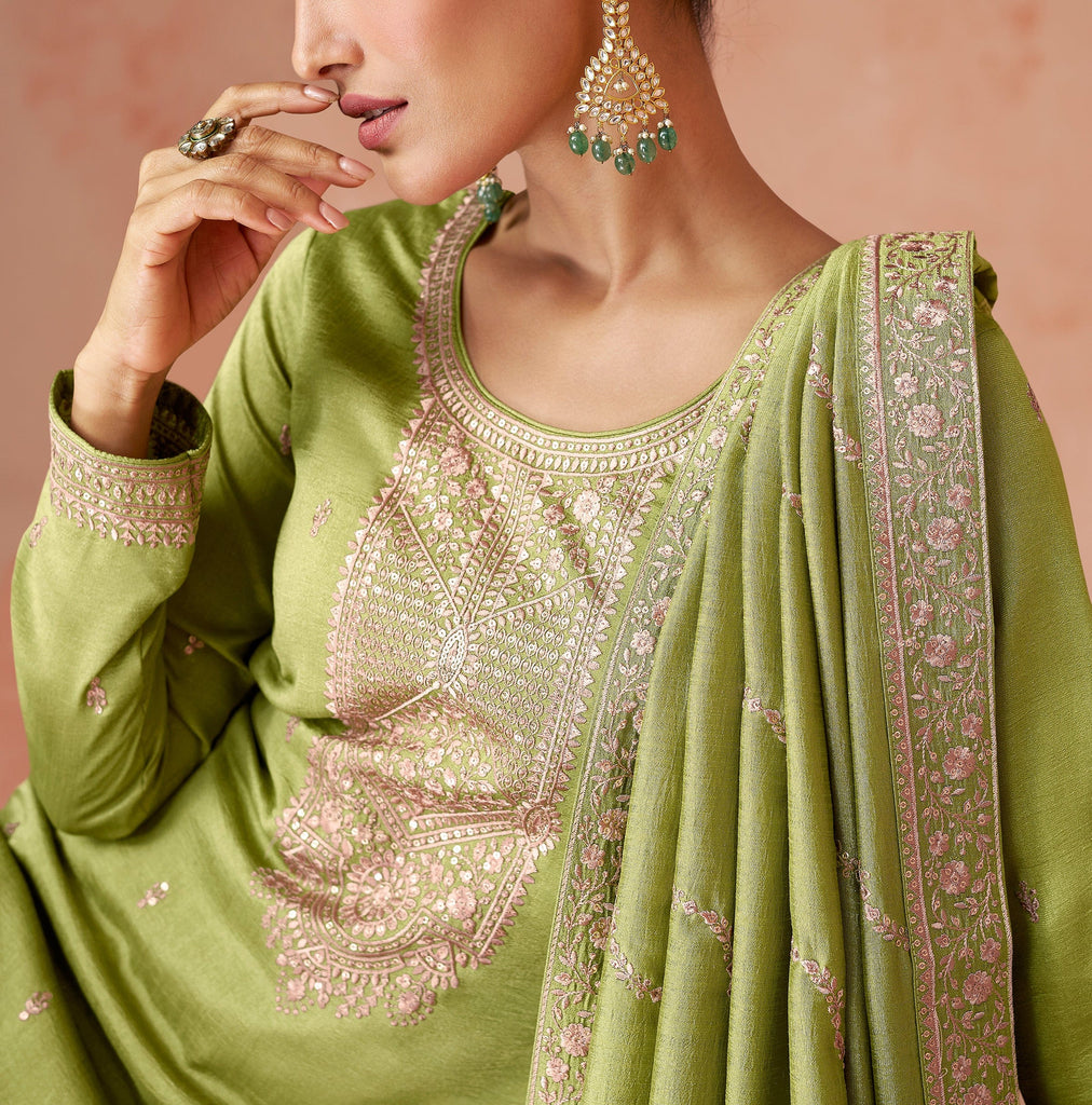 Olive Green Designer Embroidered Silk Party Wear Palazzo Suit-Saira's Boutique