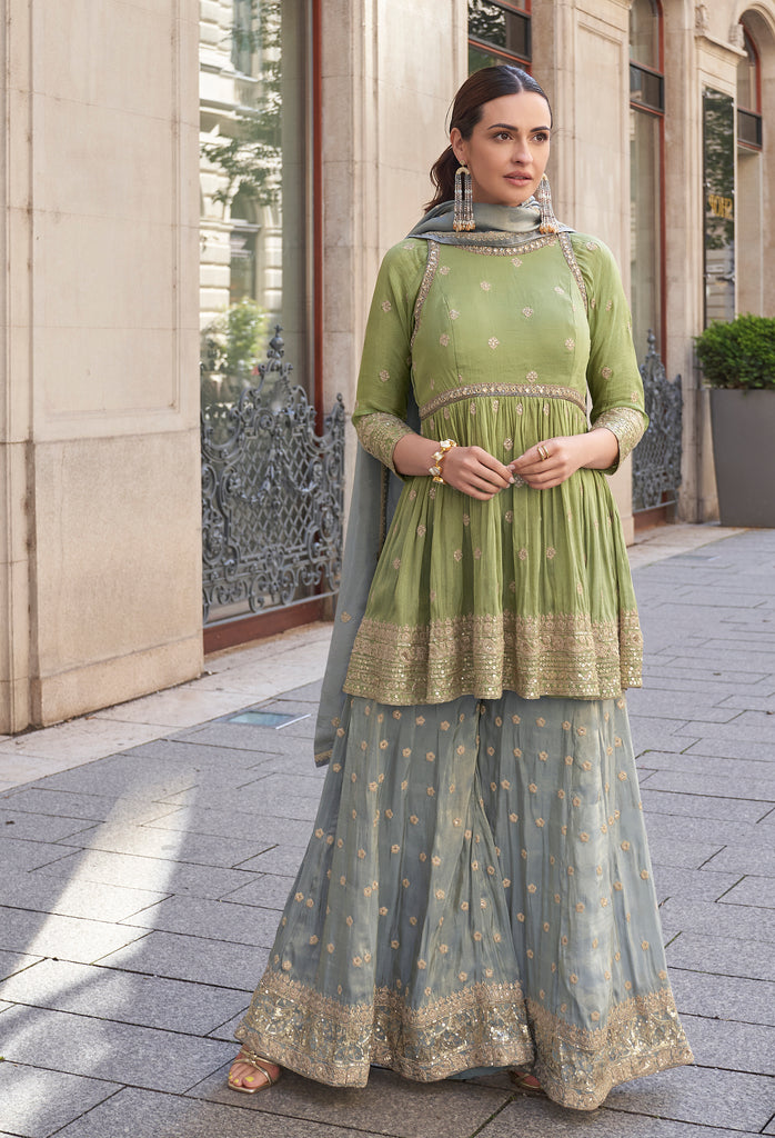 Olive Green & Sage Gray Designer Embroidered Party Wear Sharara Suit-Saira's Boutique