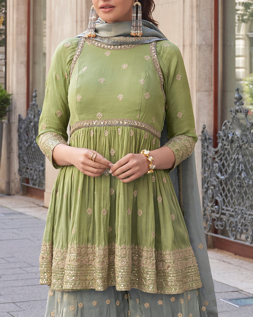 Olive Green & Sage Gray Designer Embroidered Party Wear Sharara Suit-Saira's Boutique