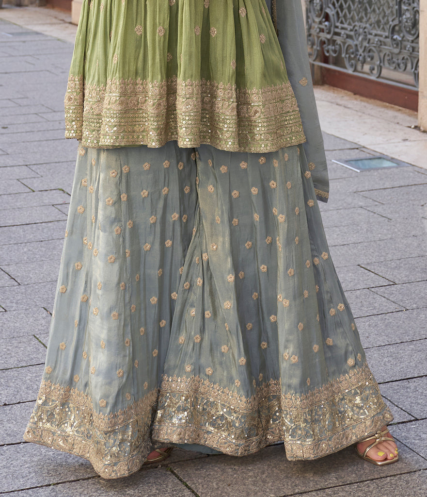 Olive Green & Sage Gray Designer Embroidered Party Wear Sharara Suit-Saira's Boutique