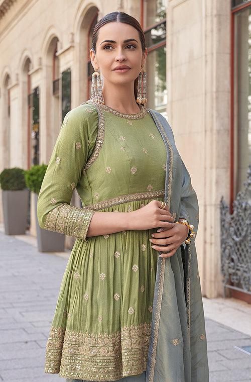 Olive Green & Sage Gray Designer Embroidered Party Wear Sharara Suit-Saira's Boutique