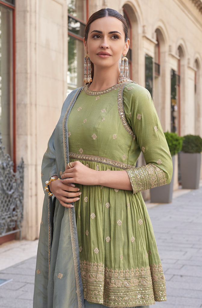 Olive Green & Sage Gray Designer Embroidered Party Wear Sharara Suit-Saira's Boutique