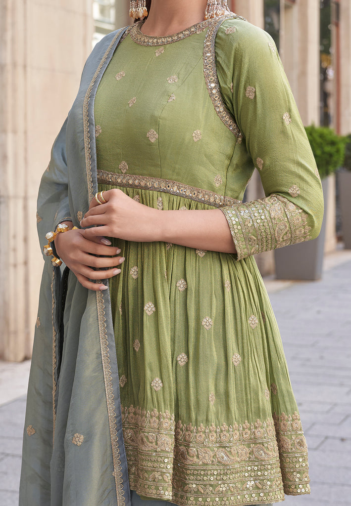 Olive Green & Sage Gray Designer Embroidered Party Wear Sharara Suit-Saira's Boutique