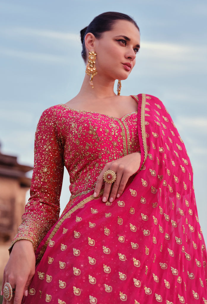 Orange & Pink Designer Heavy Embroidered Georgette Bridal Anarkali Gown-Saira's Boutique